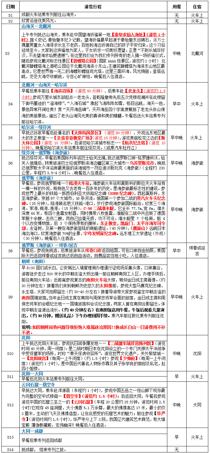 旅游專(zhuān)列B線(xiàn)：俄羅斯海參崴、朝鮮南陽(yáng)、延吉、琿春、沈陽(yáng)、山海關(guān)、北戴河、云岡石窟、華嚴寺空調專(zhuān)列精品14日游